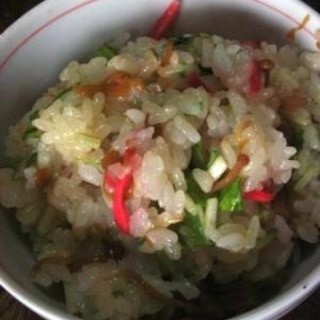 混ぜるだけ　なめたけと水菜と紅しょうがの混ぜご飯